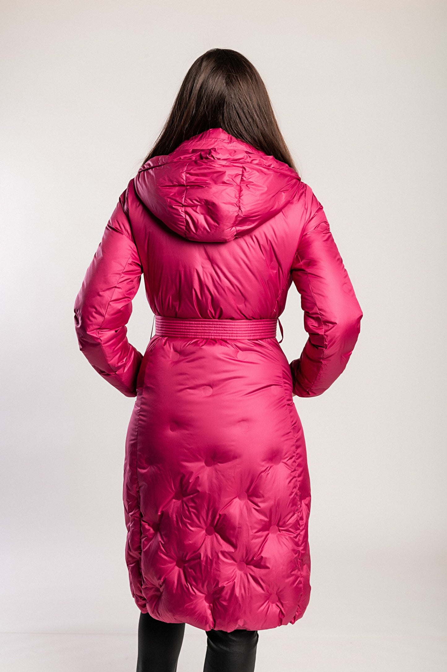 Giacca lunga imbottita con cappuccio, fucsia