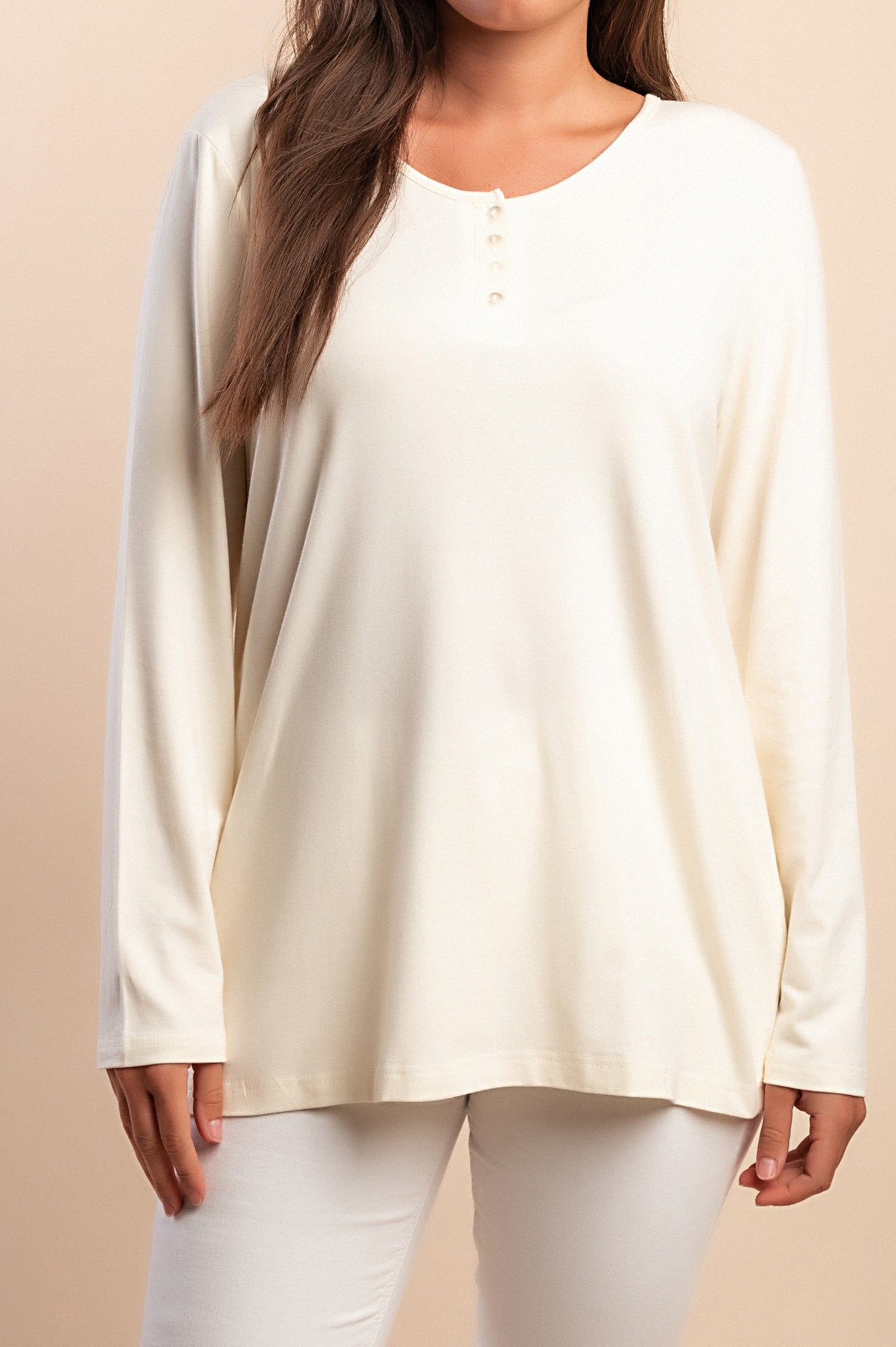 Top in cotone con scollo rotondo, crema