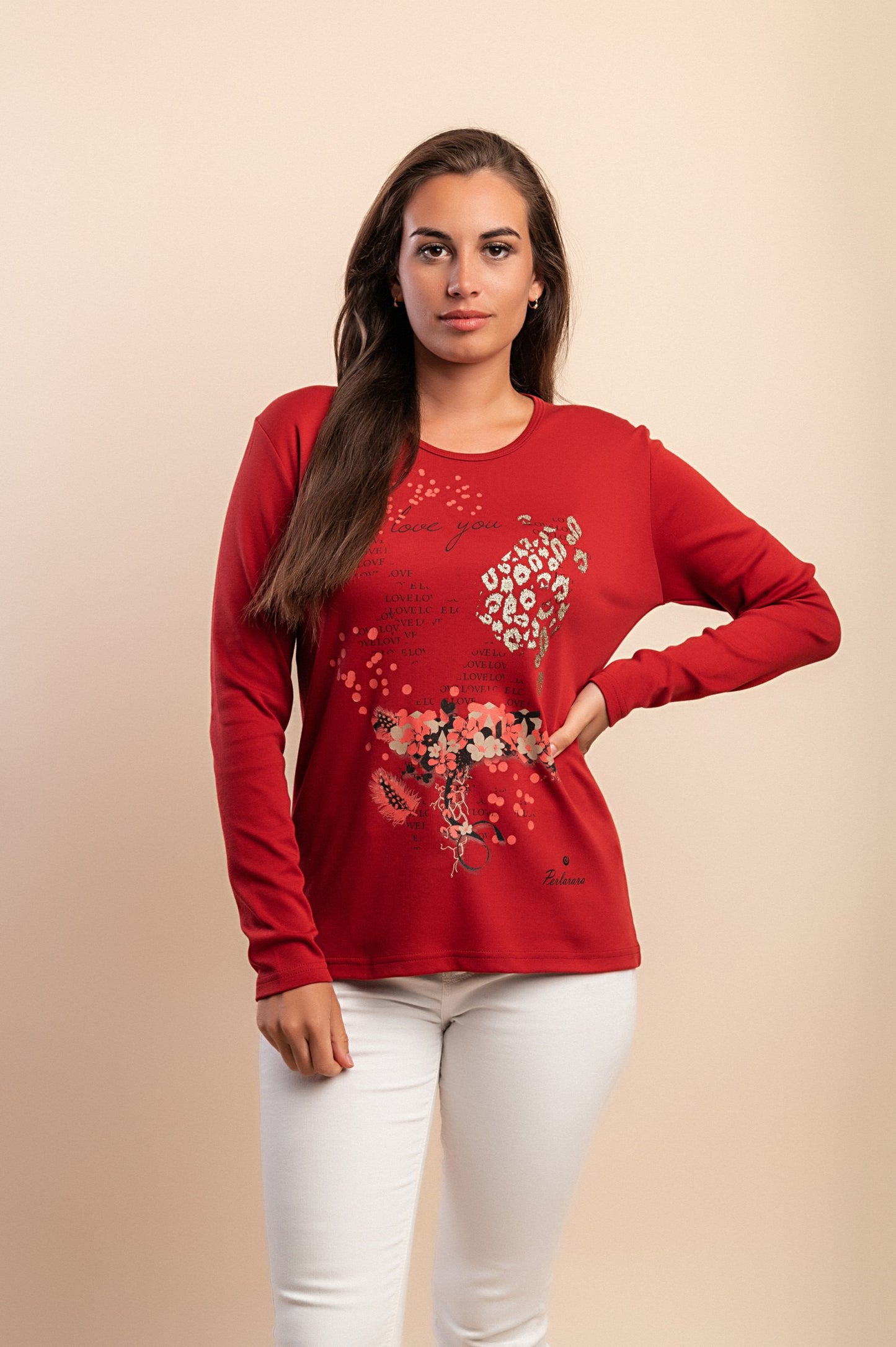 Top in cotone a maniche lunghe, terracotta