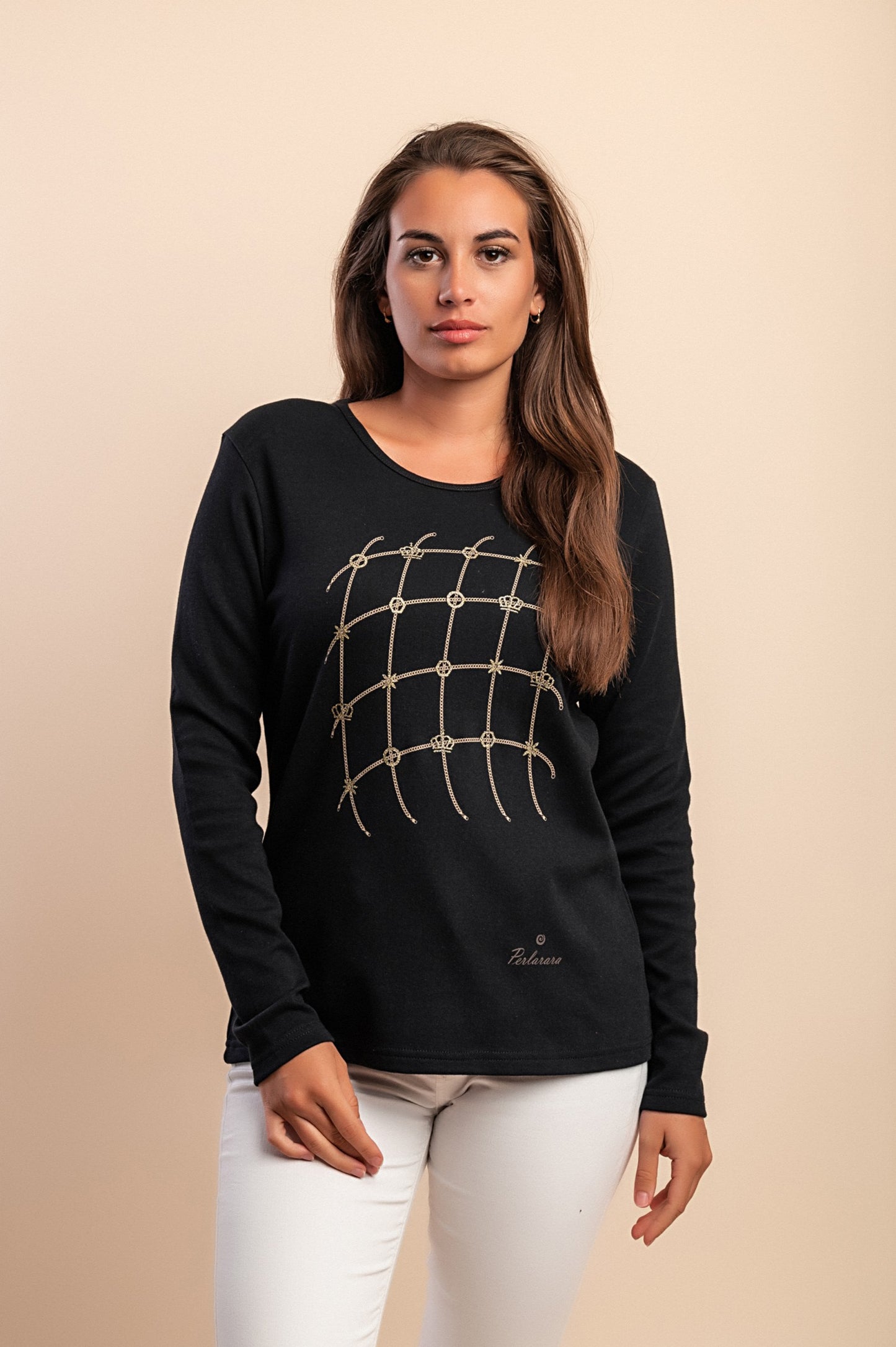 Top a maniche lunghe in cotone, nero