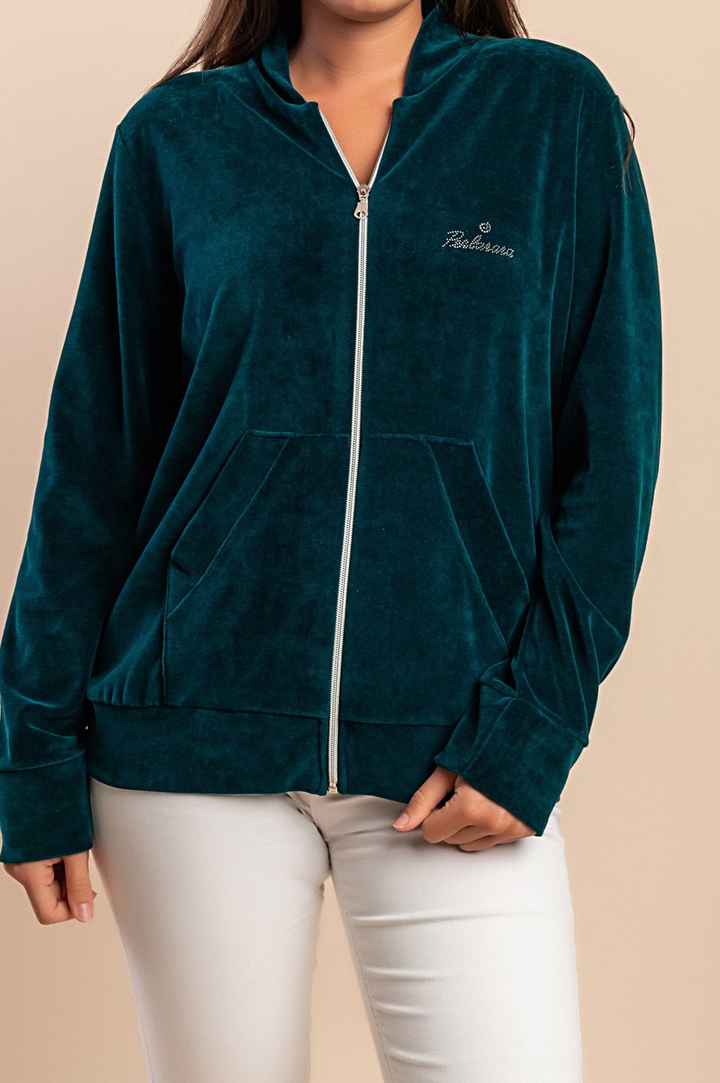 Felpa con zip in cotone e velluto sintetico, verde