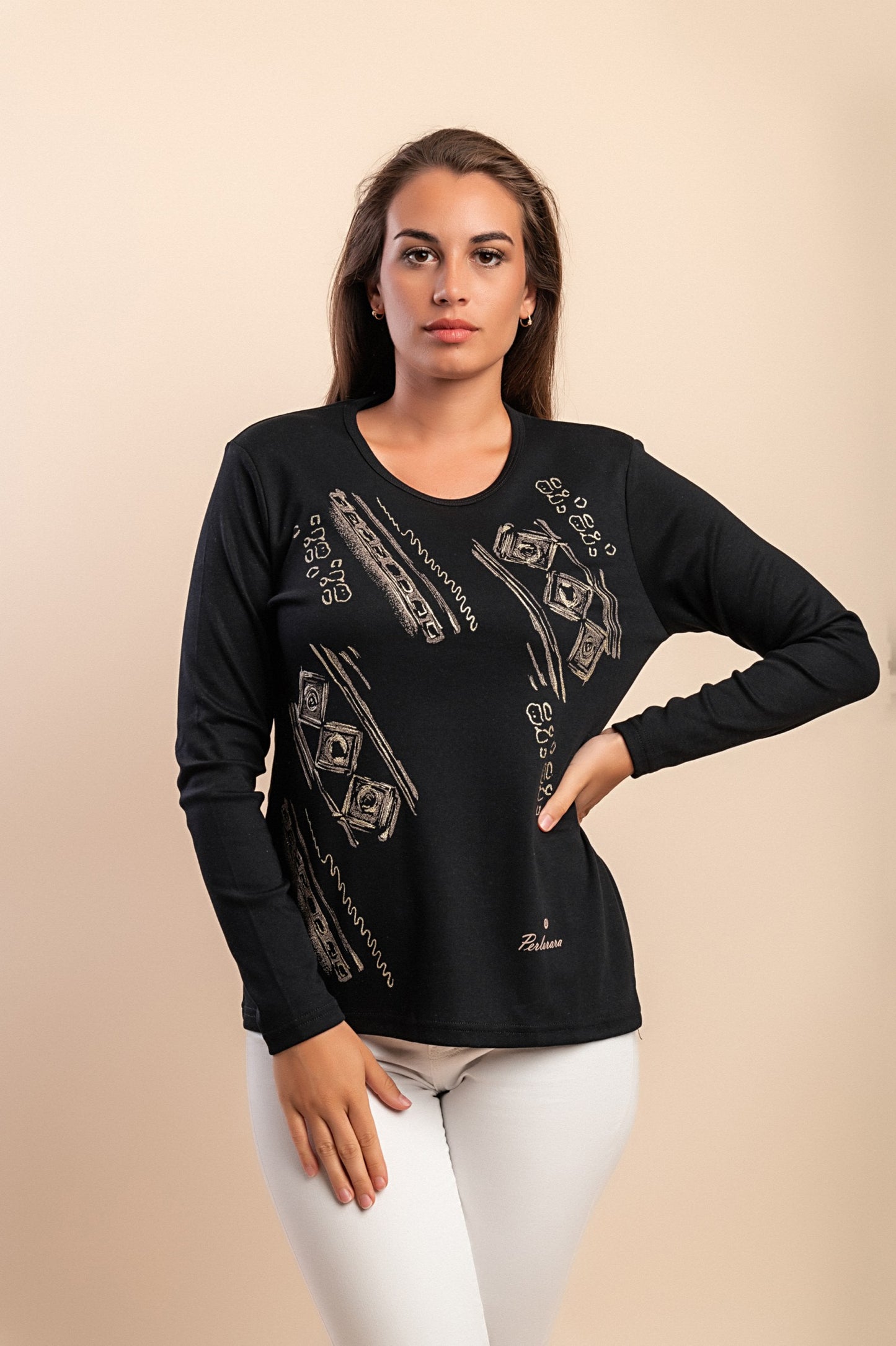 Top a maniche lunghe in cotone, nero