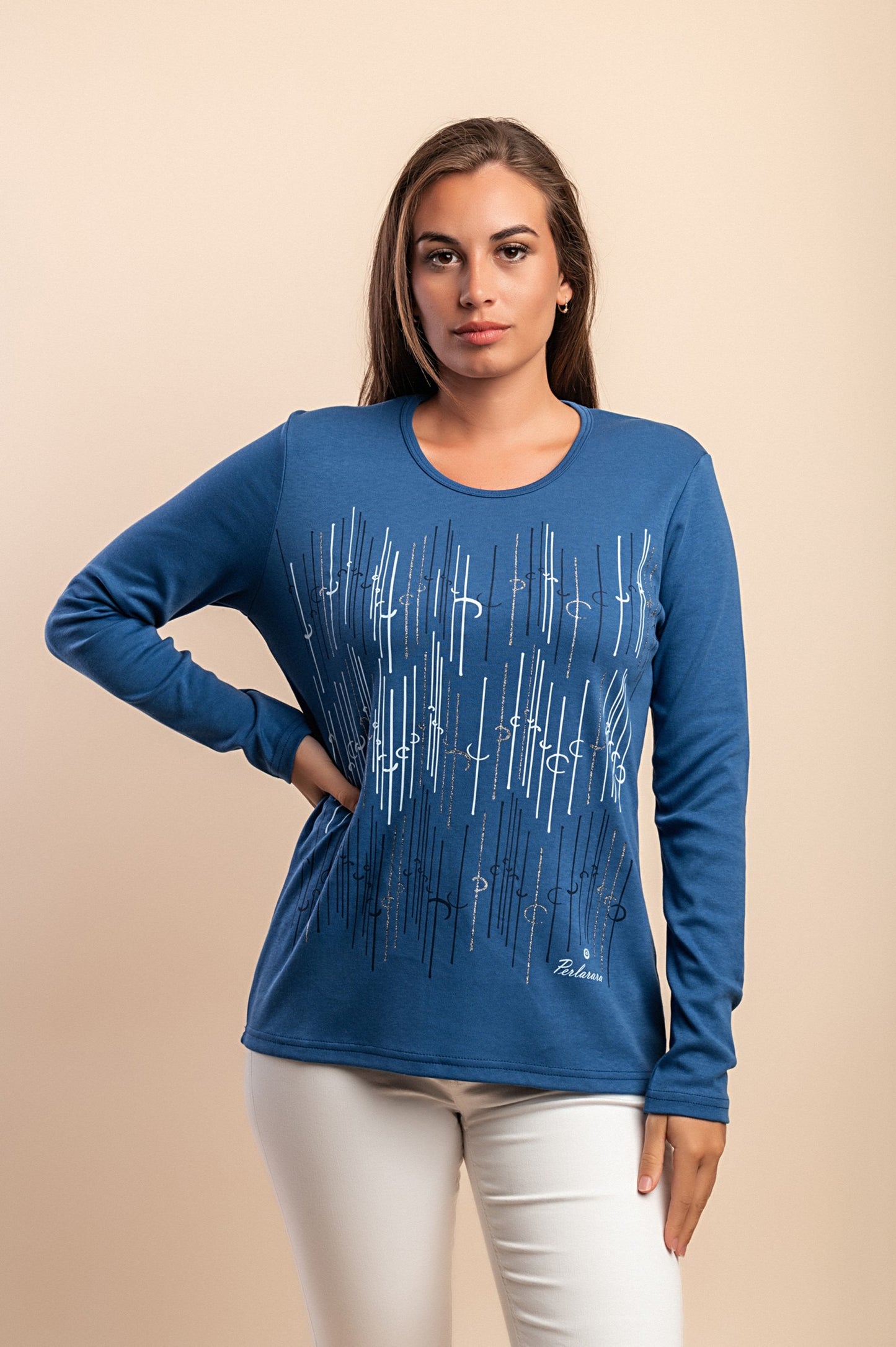 Top a maniche lunghe in cotone, blu