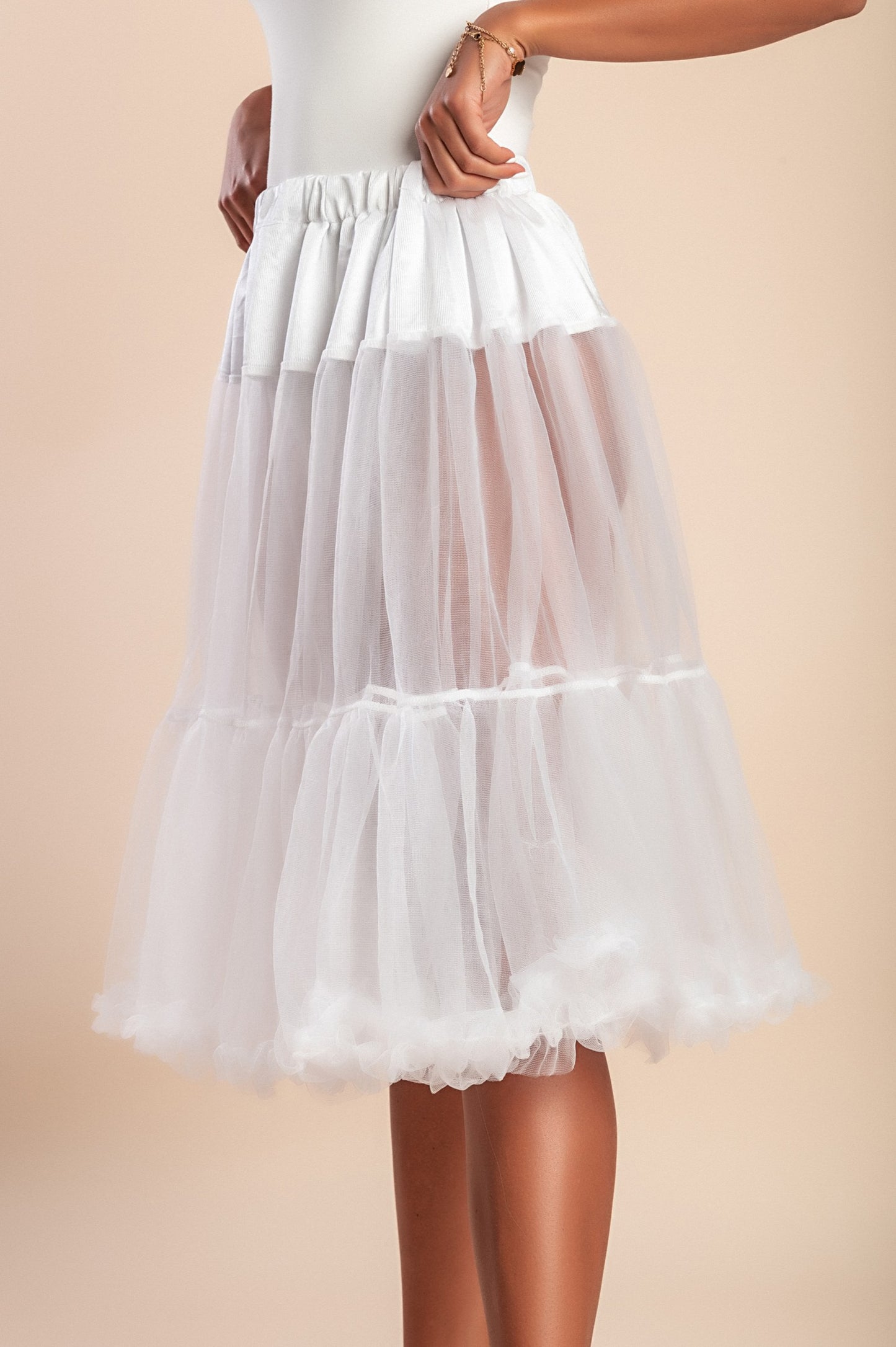 Gonna midi in tulle trasparente, bianca