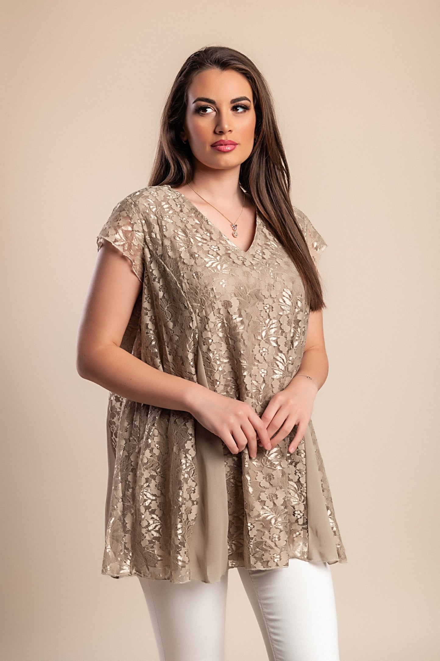 Tunica taglie forti con pizzo, beige