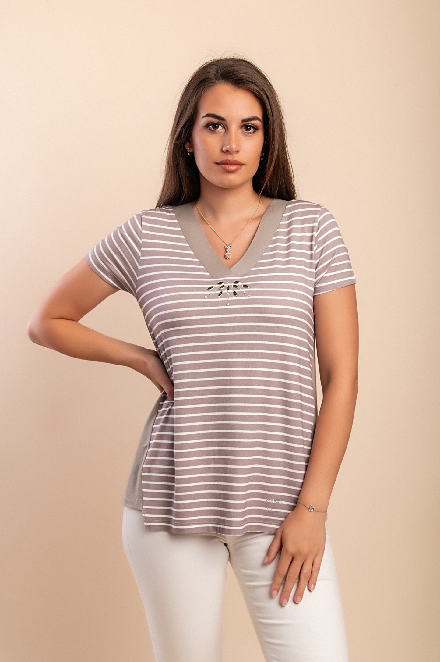 T-shirt con stampa a righe, beige