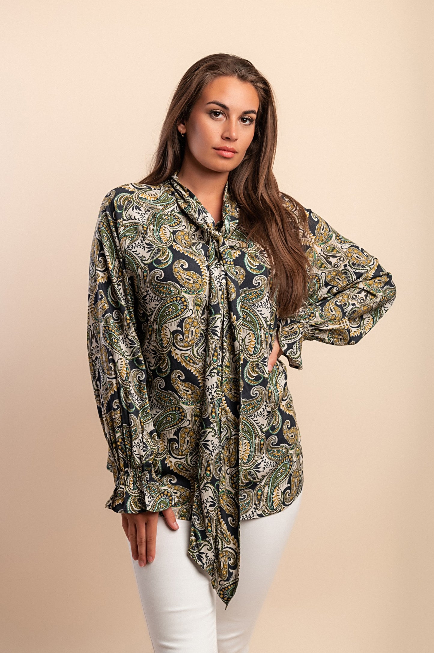 Blusa elegante taglia forte con stampa, verde