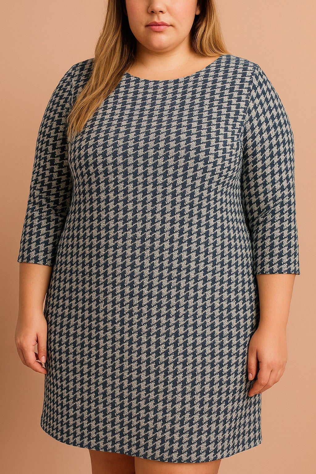 Abito midi taglie forti con stampa pepita, blu scuro