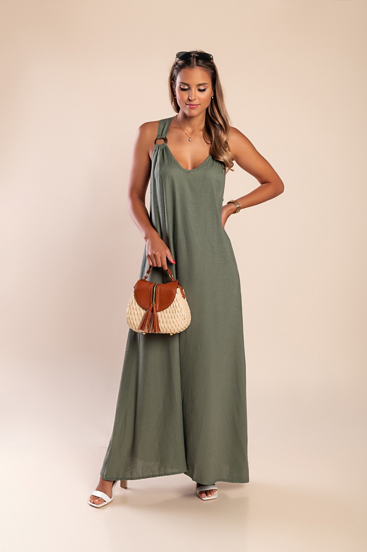 Maxi abito in lino, oliva