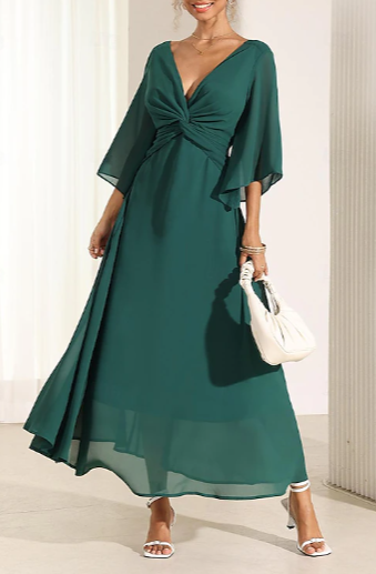 Abito lungo con scollo a V, verde scuro