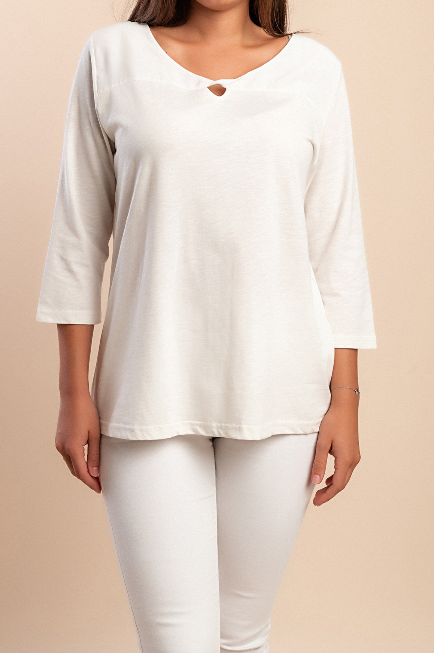 Top in cotone taglie forti con maniche a 3/4, bianco