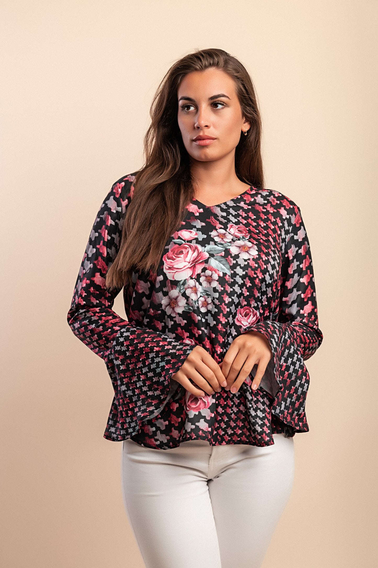 Blusa taglia forte con stampa, nera