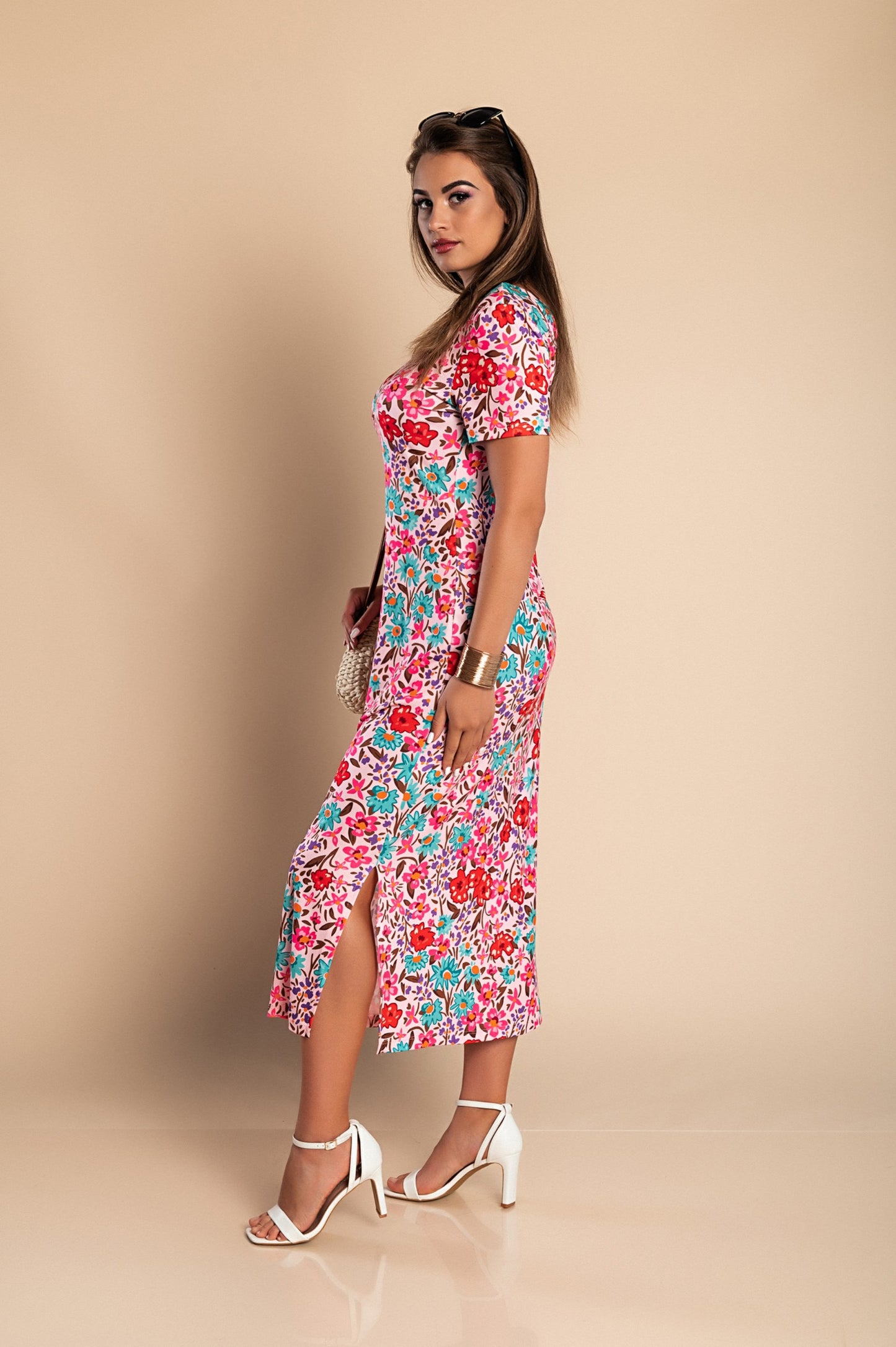Maxi abito con stampa floreale, rosa