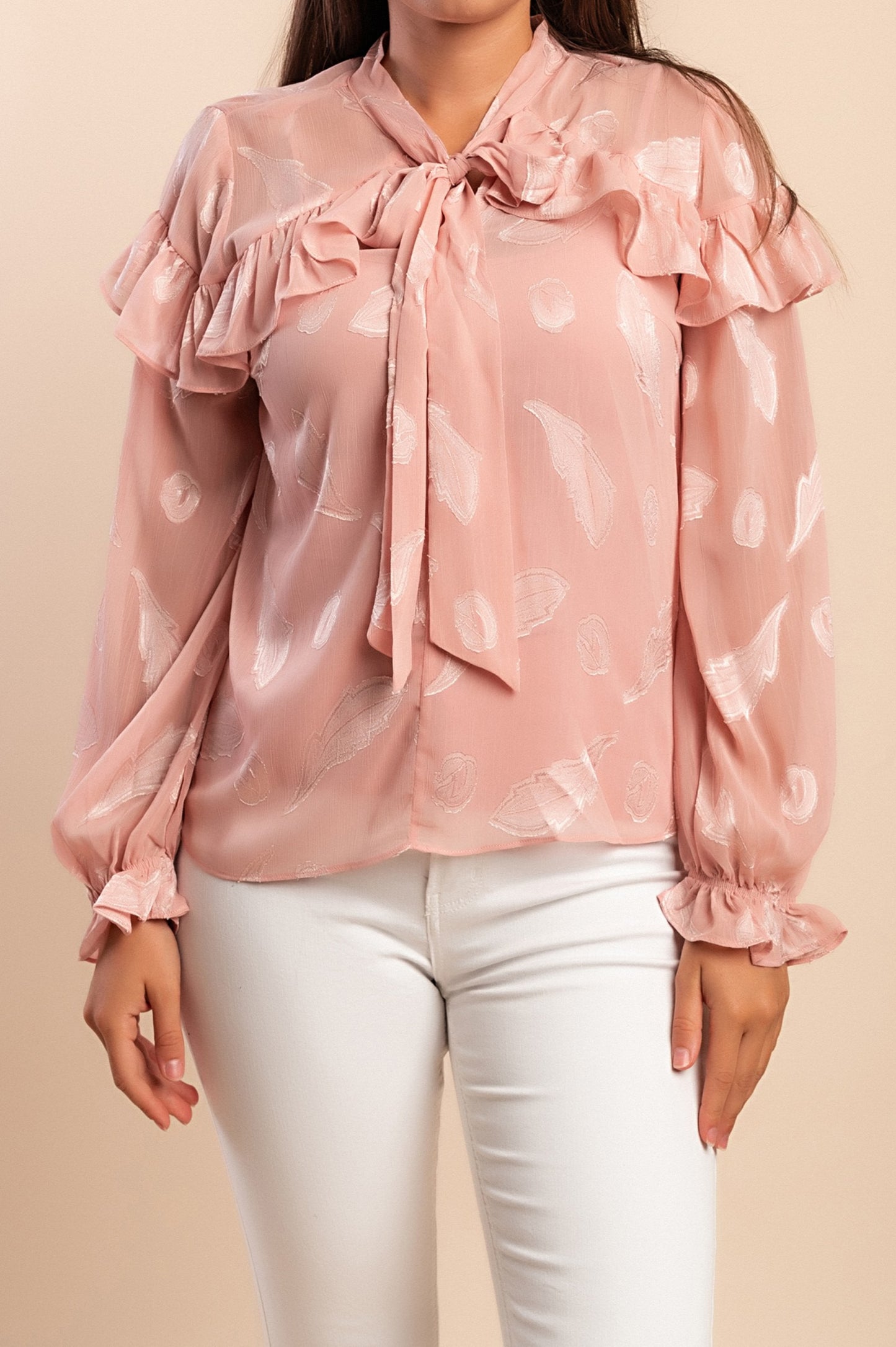 Blusa con volant, rosa chiaro