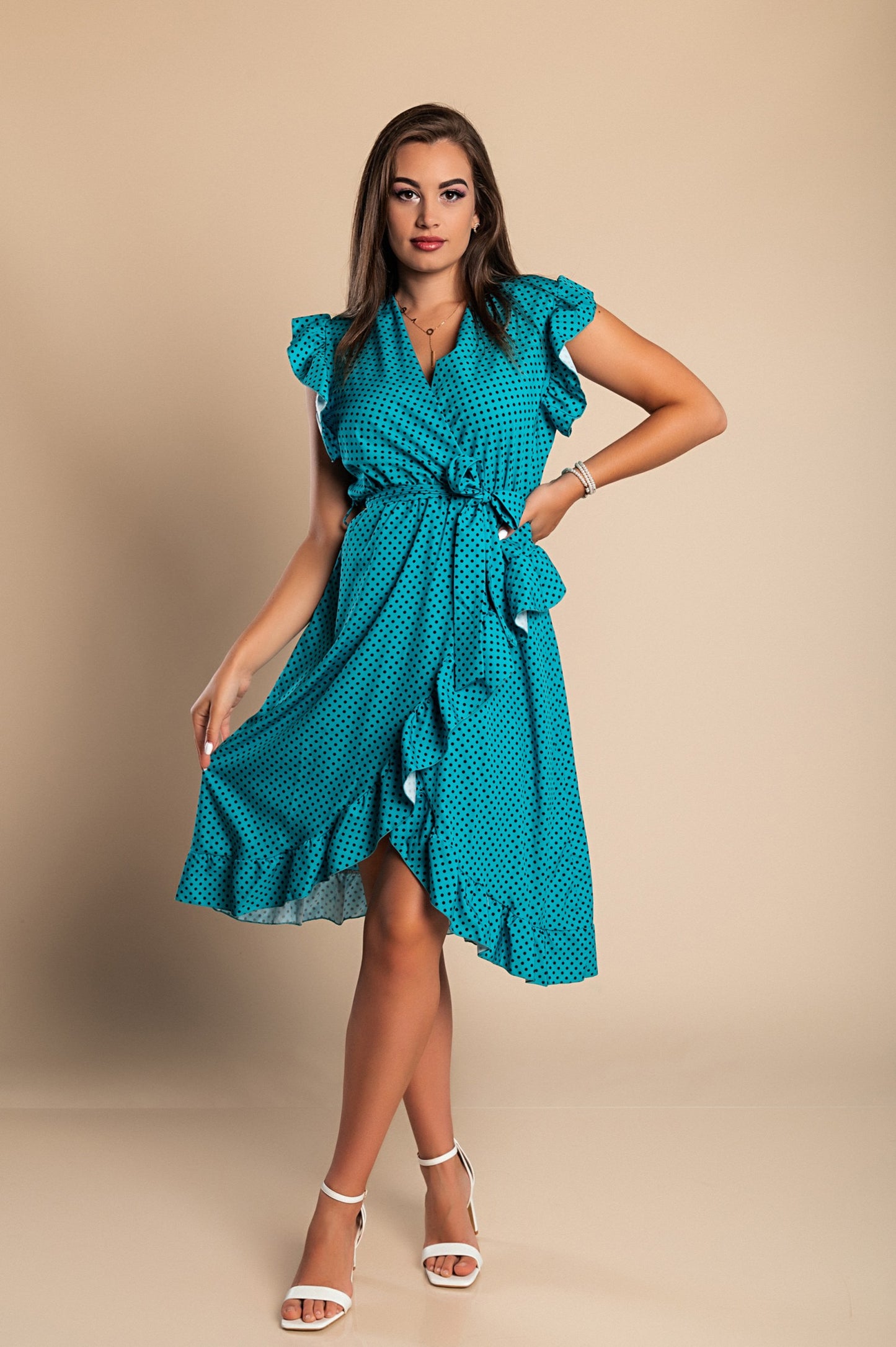 Abito midi con fantasia a pois, rosso