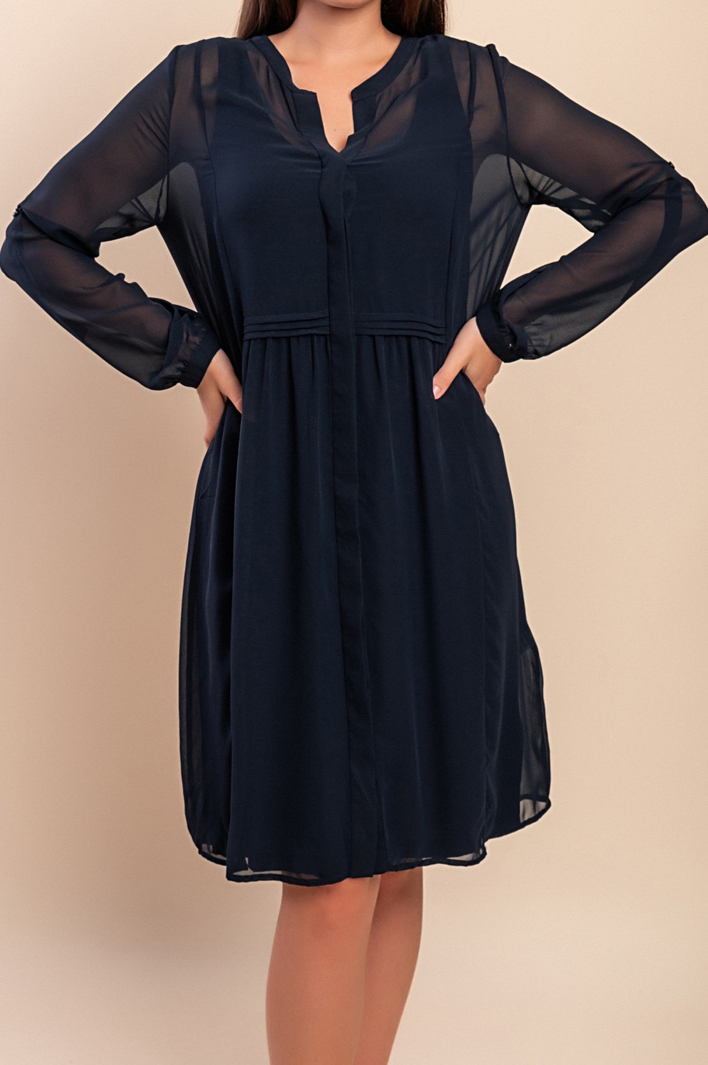 Abito midi taglie forti con maniche lunghe, blu scuro