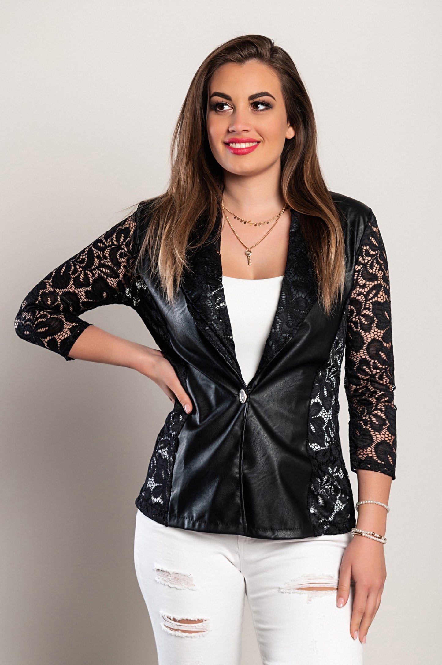 Blazer in ecopelle con inserti in pizzo traslucido Amalfi, nero