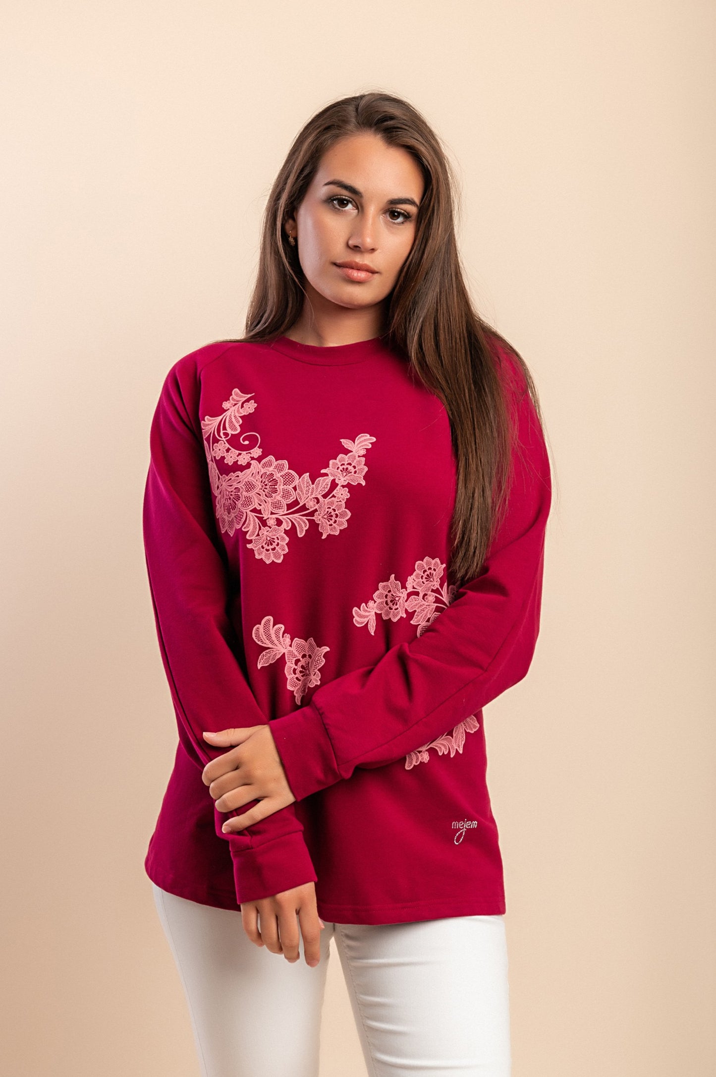 Top in cotone a maniche lunghe, fucsia