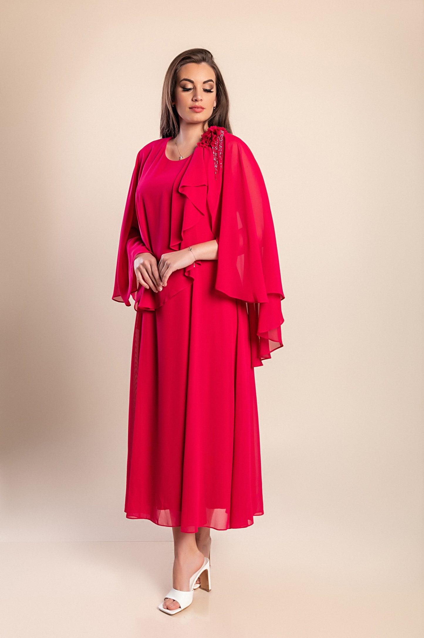 Abito lungo elegante taglie forti, fucsia