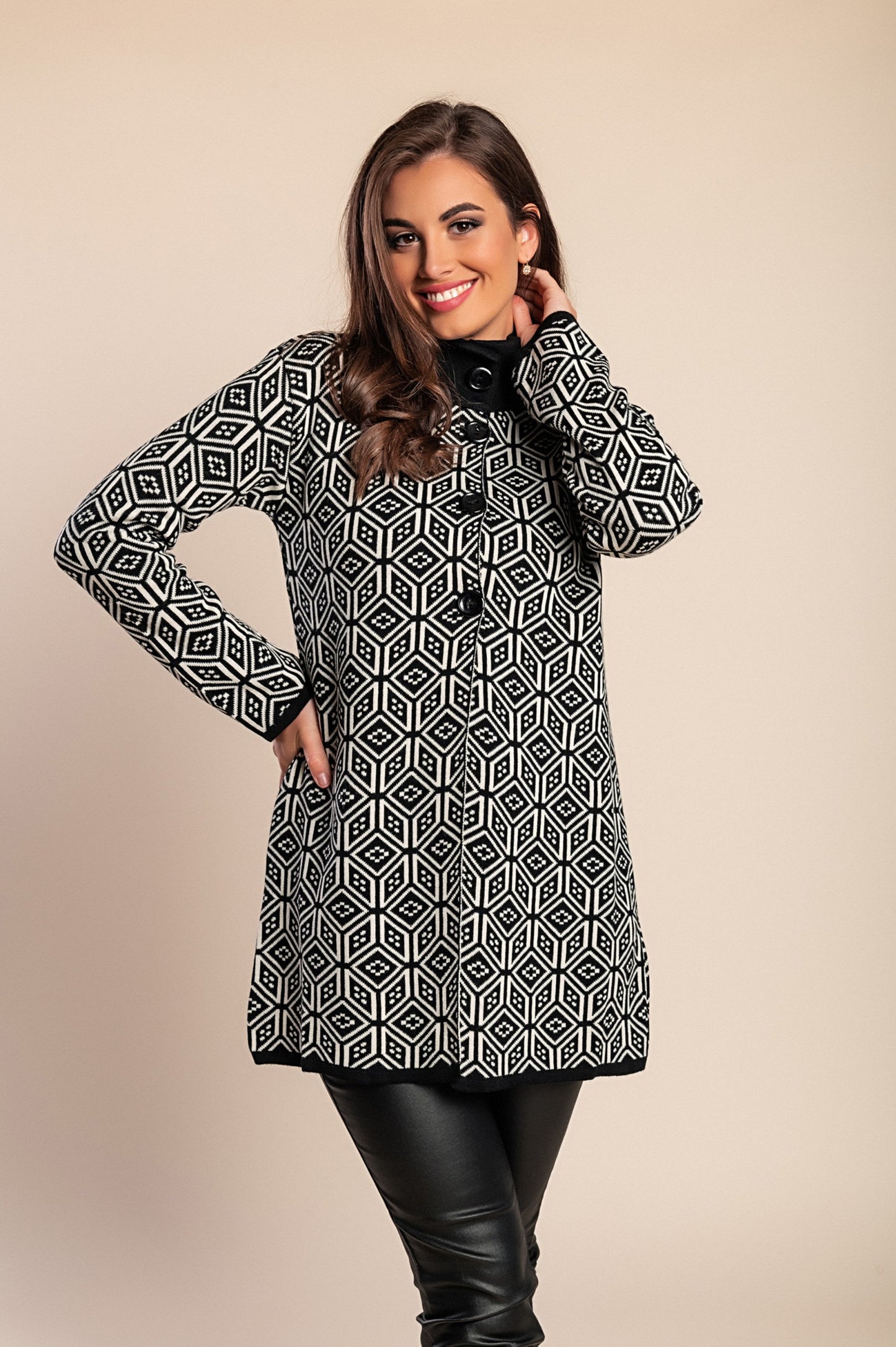 Cardigan lavorato a maglia fantasia, nero/bianco