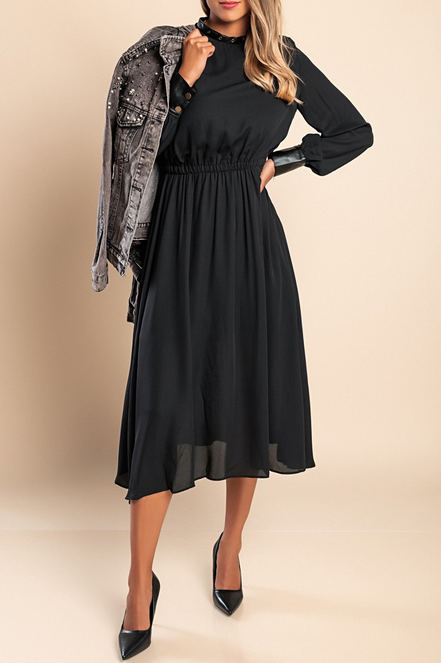 Dettagli in ecopelle Abito midi elegante Plana, nero