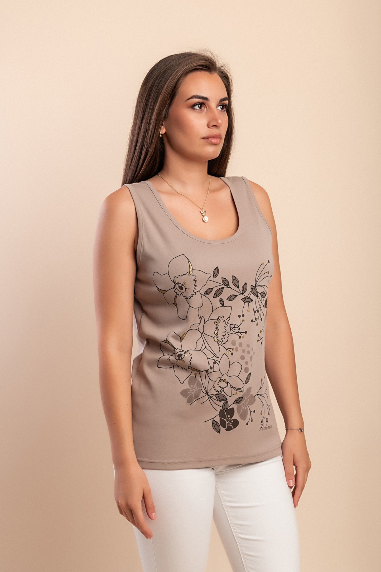 Top in cotone stampato, beige