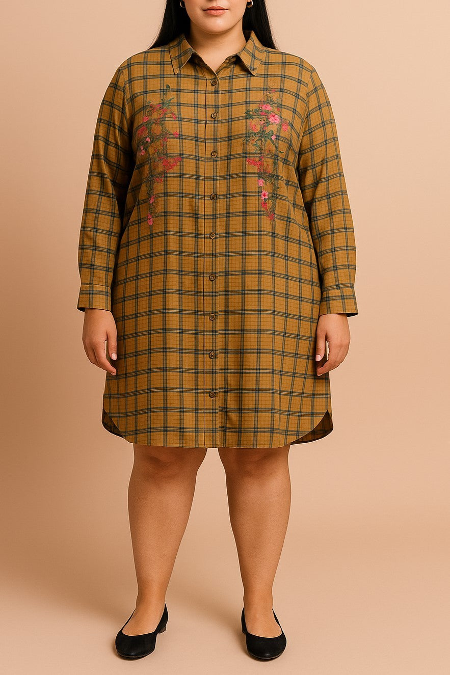 Camicia taglie forti con stampa a quadri, marrone