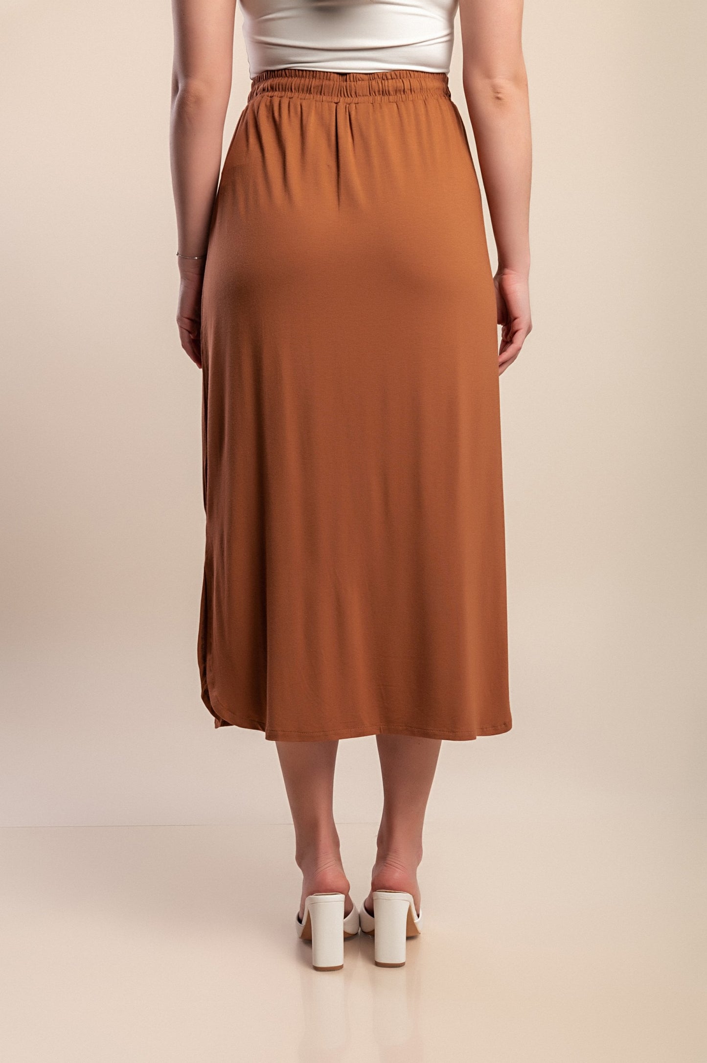 Gonna midi in viscosa taglie forti, marrone