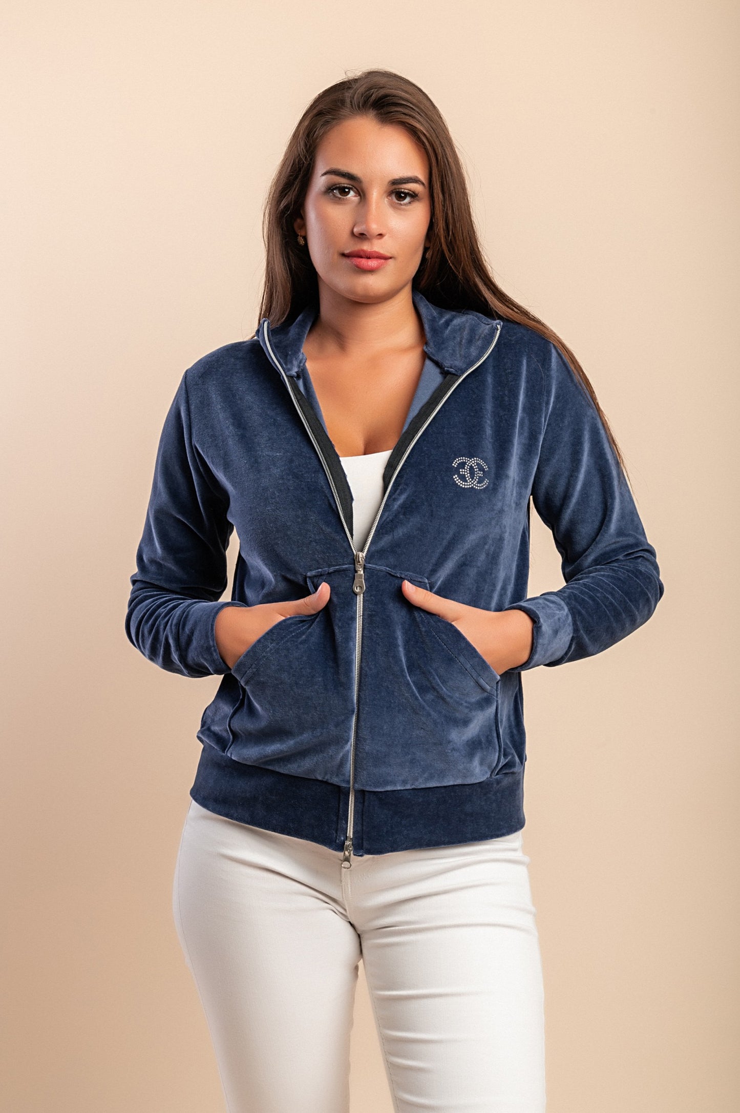 Felpa con zip in cotone e velluto sintetico, blu scuro