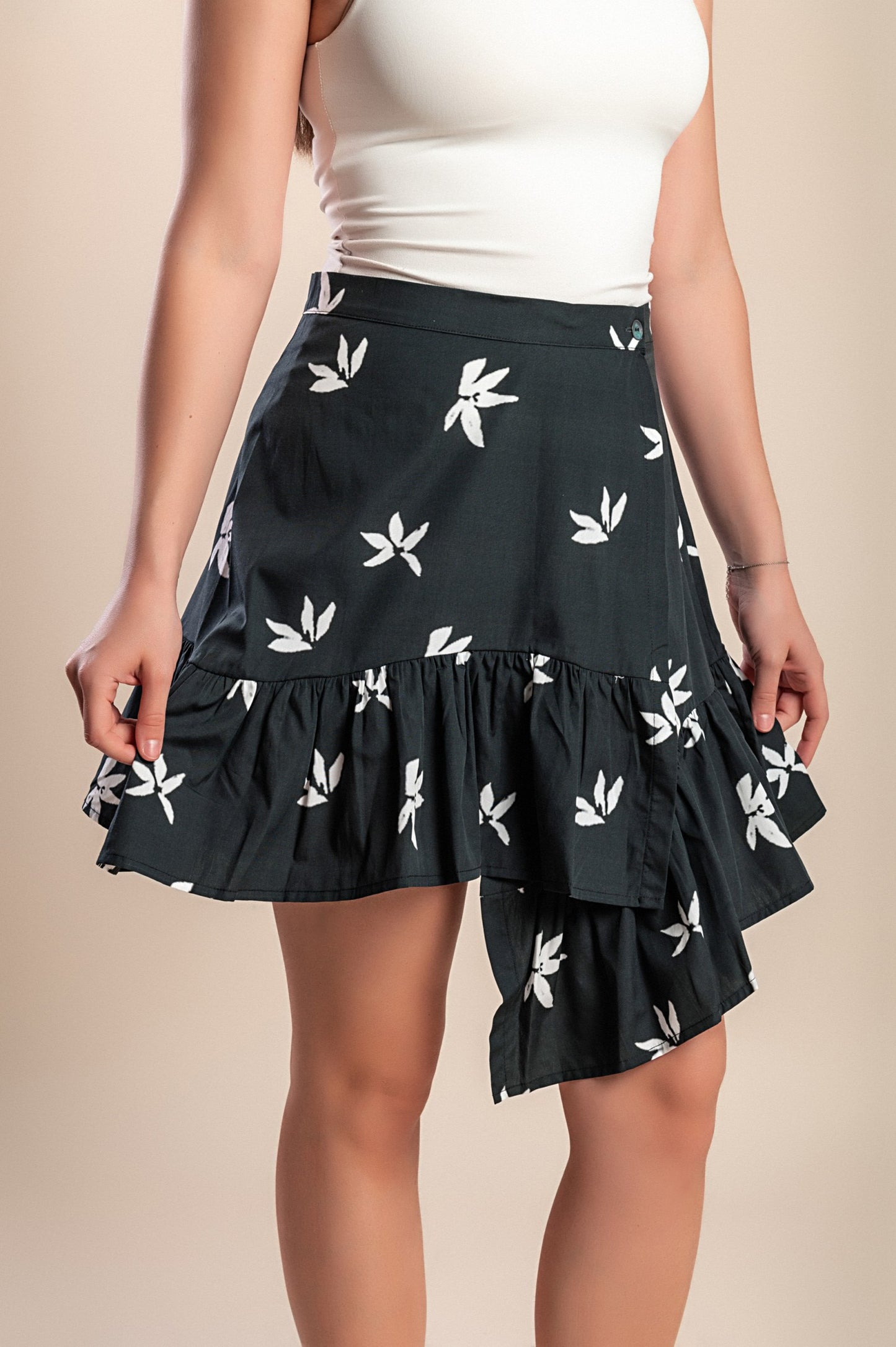 Minigonna in cotone stampato, nera