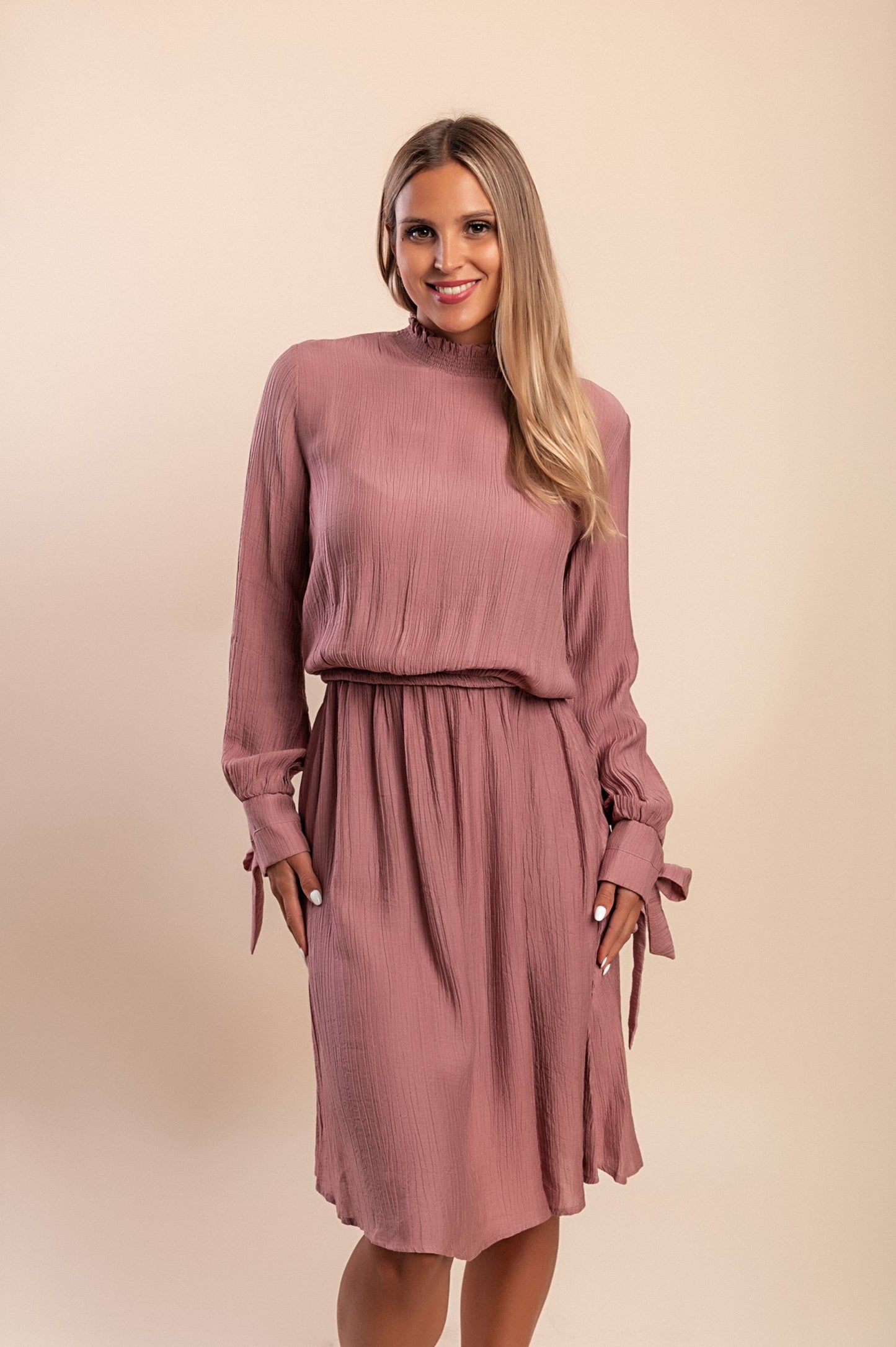 Abito midi con maniche lunghe, rosa antico