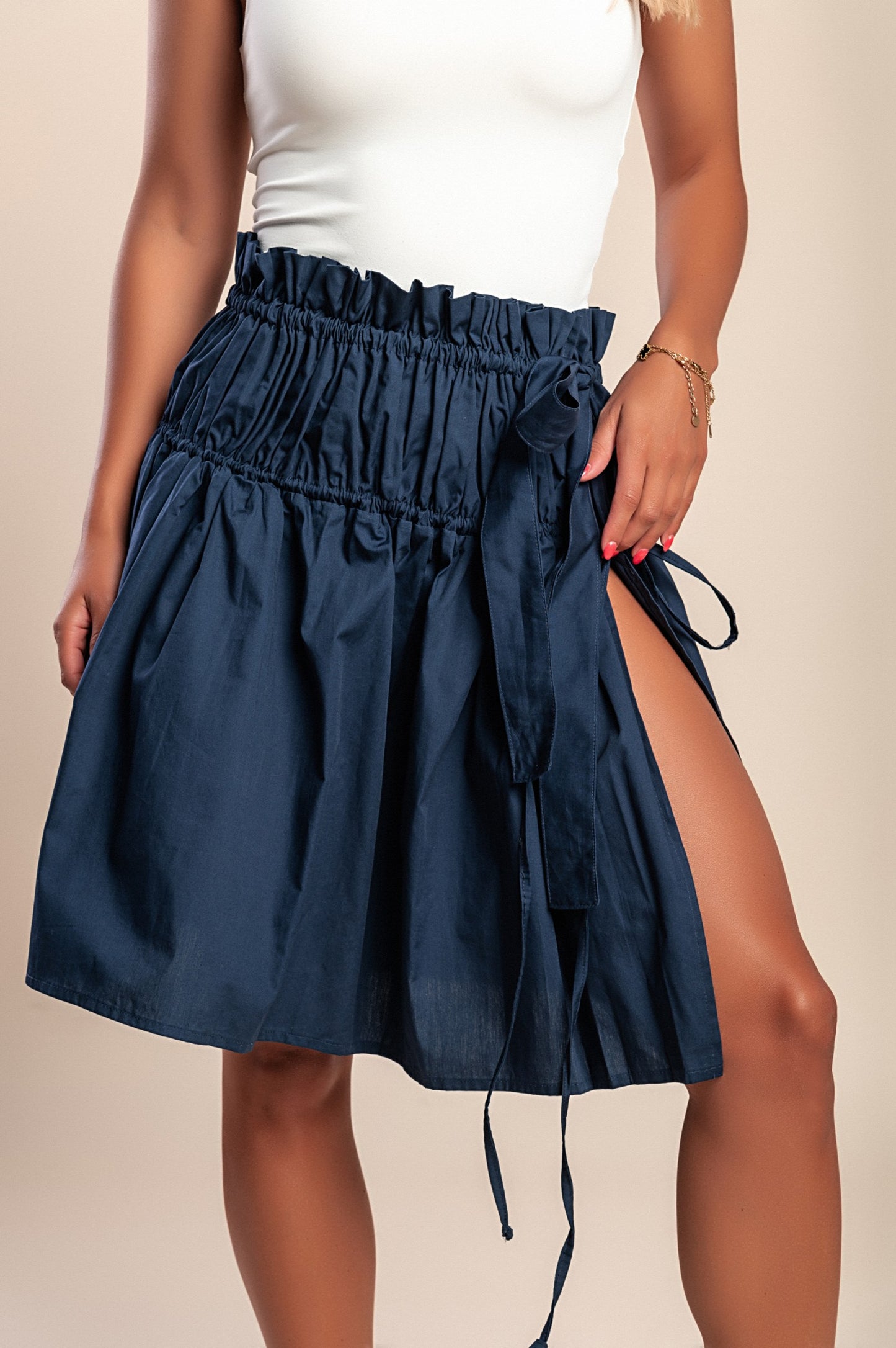 Gonna in cotone con spacco, blu scuro
