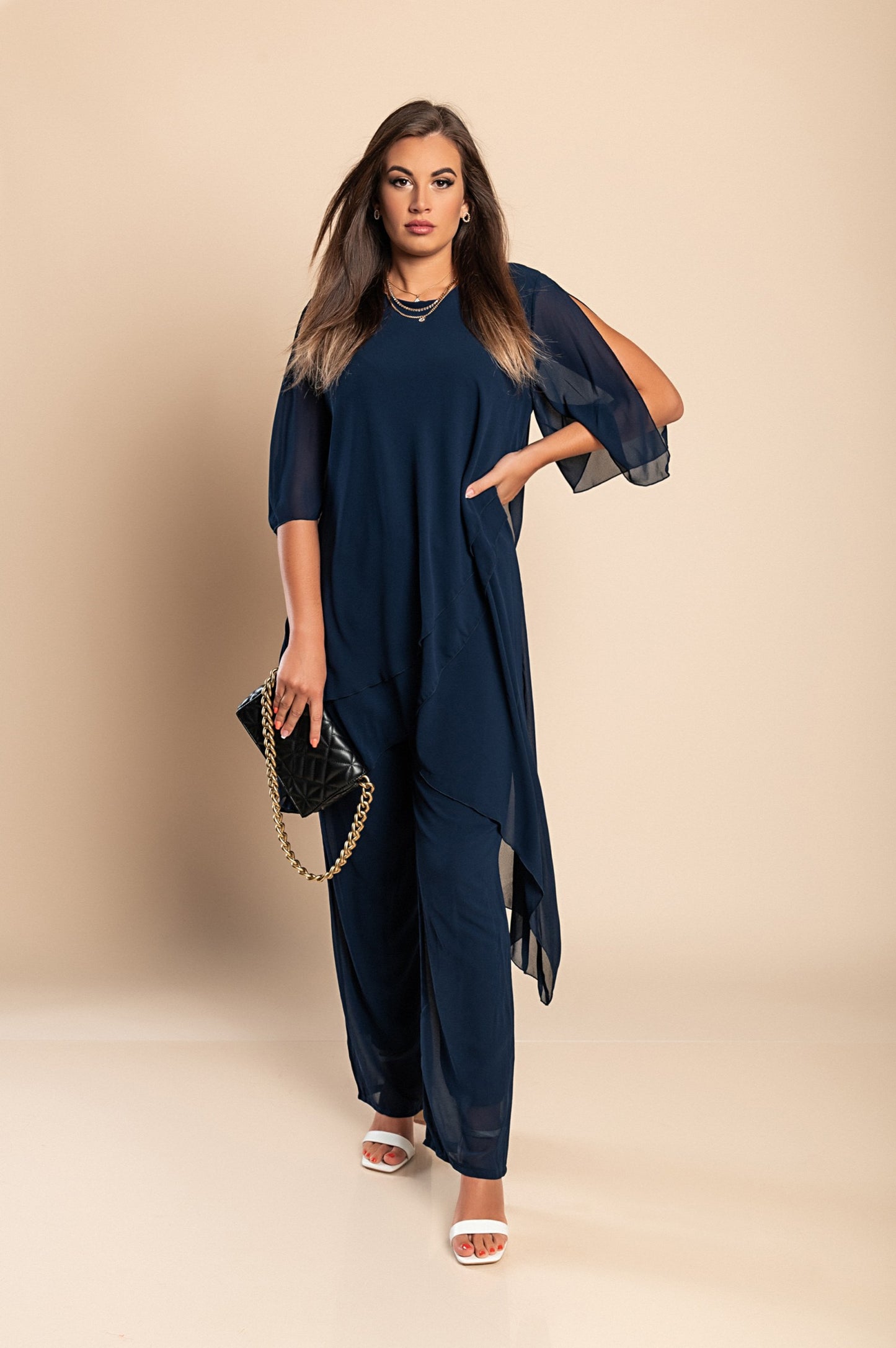 Set di elegante tunica traslucida e pantaloni lunghi Claudette, neri