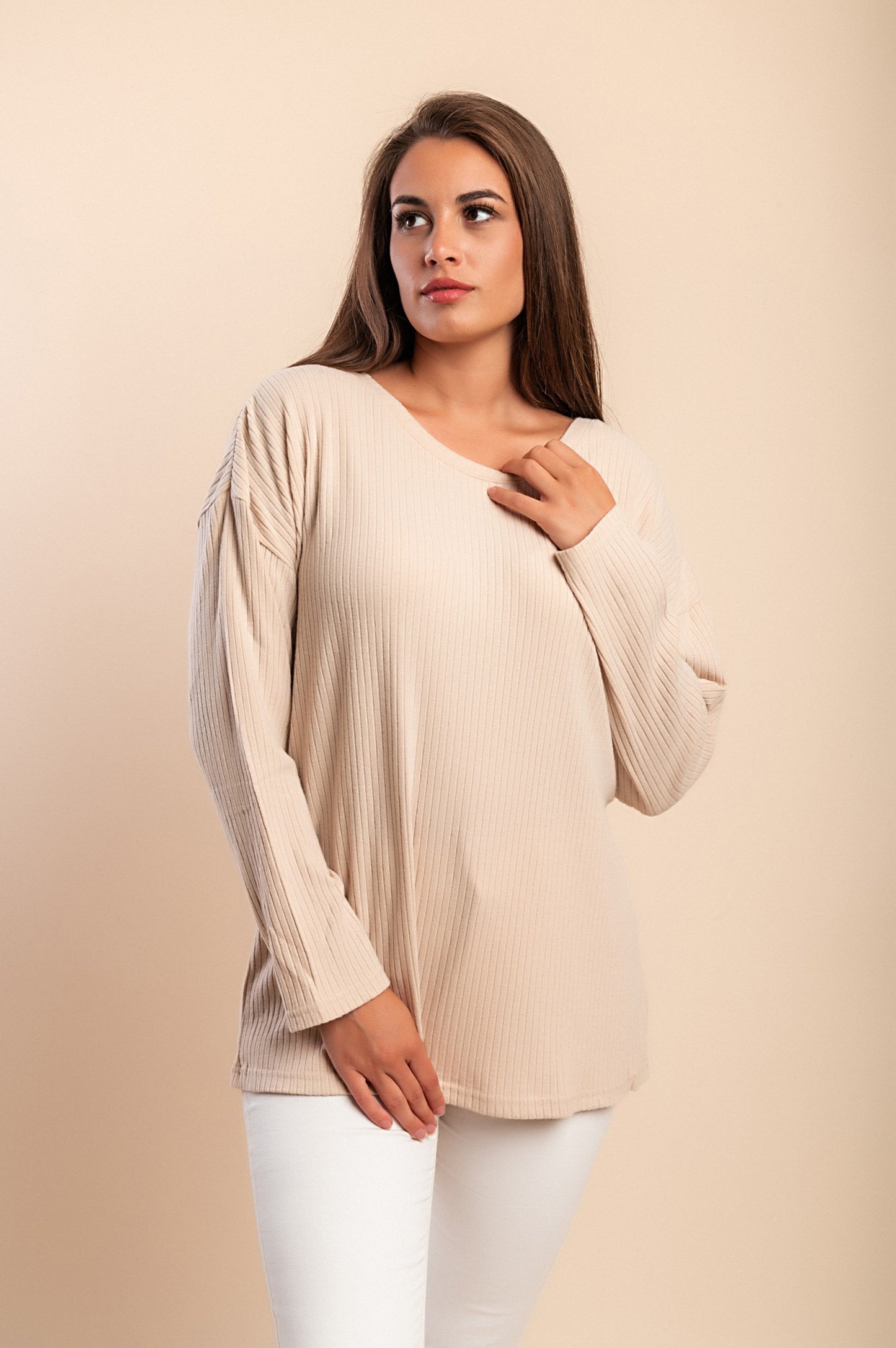 Top girocollo taglie forti, beige
