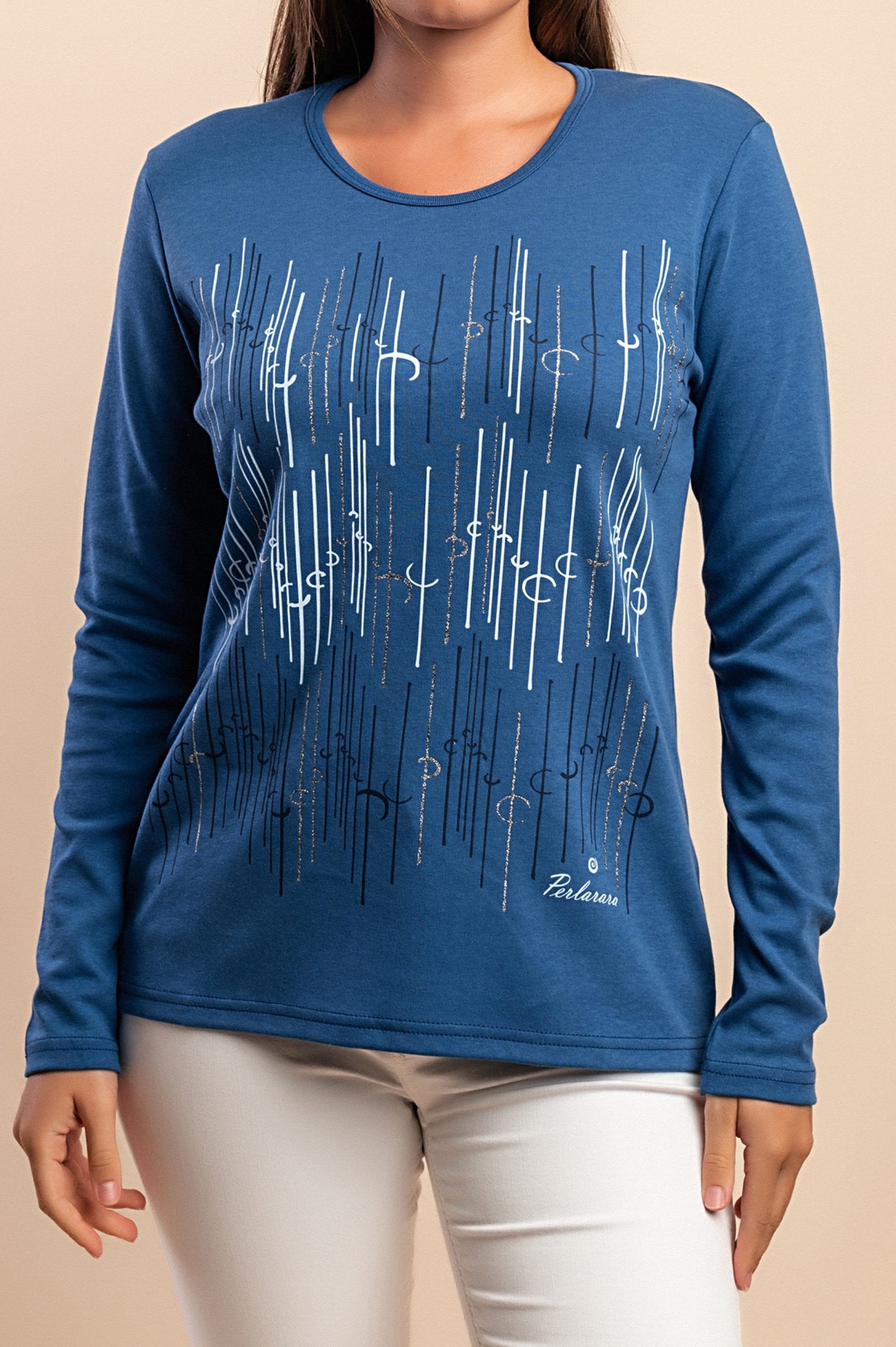 Top a maniche lunghe in cotone, blu