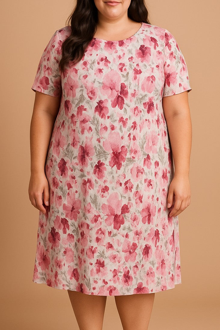 Abito taglie forti con stampa floreale, rosa