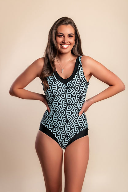 Costume intero taglie forti con stampa, nero