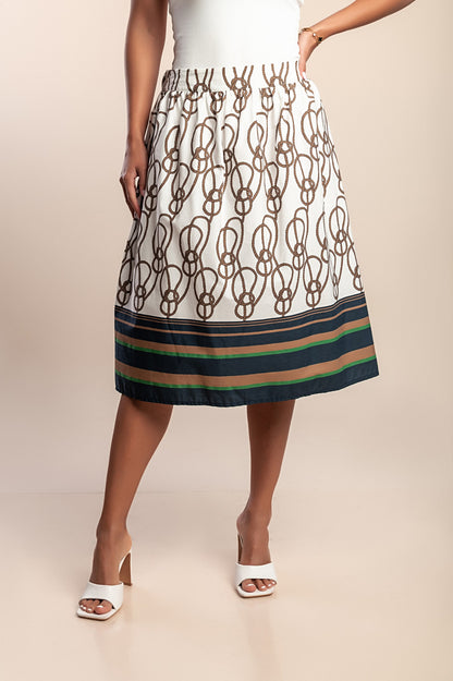 Gonna midi in cotone con stampa, bianca