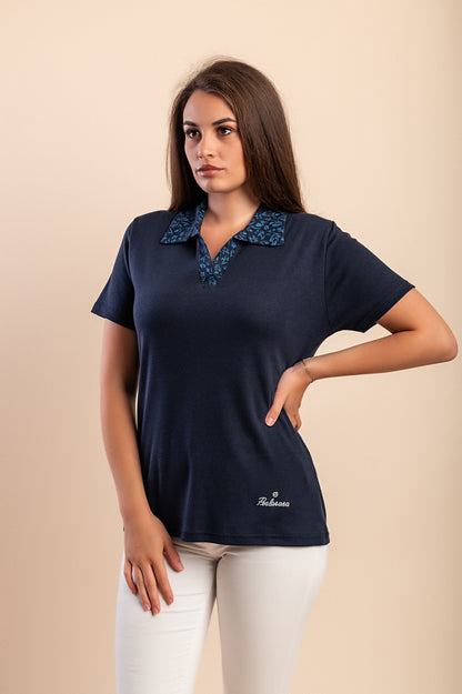 T-shirt in cotone con colletto, blu scuro