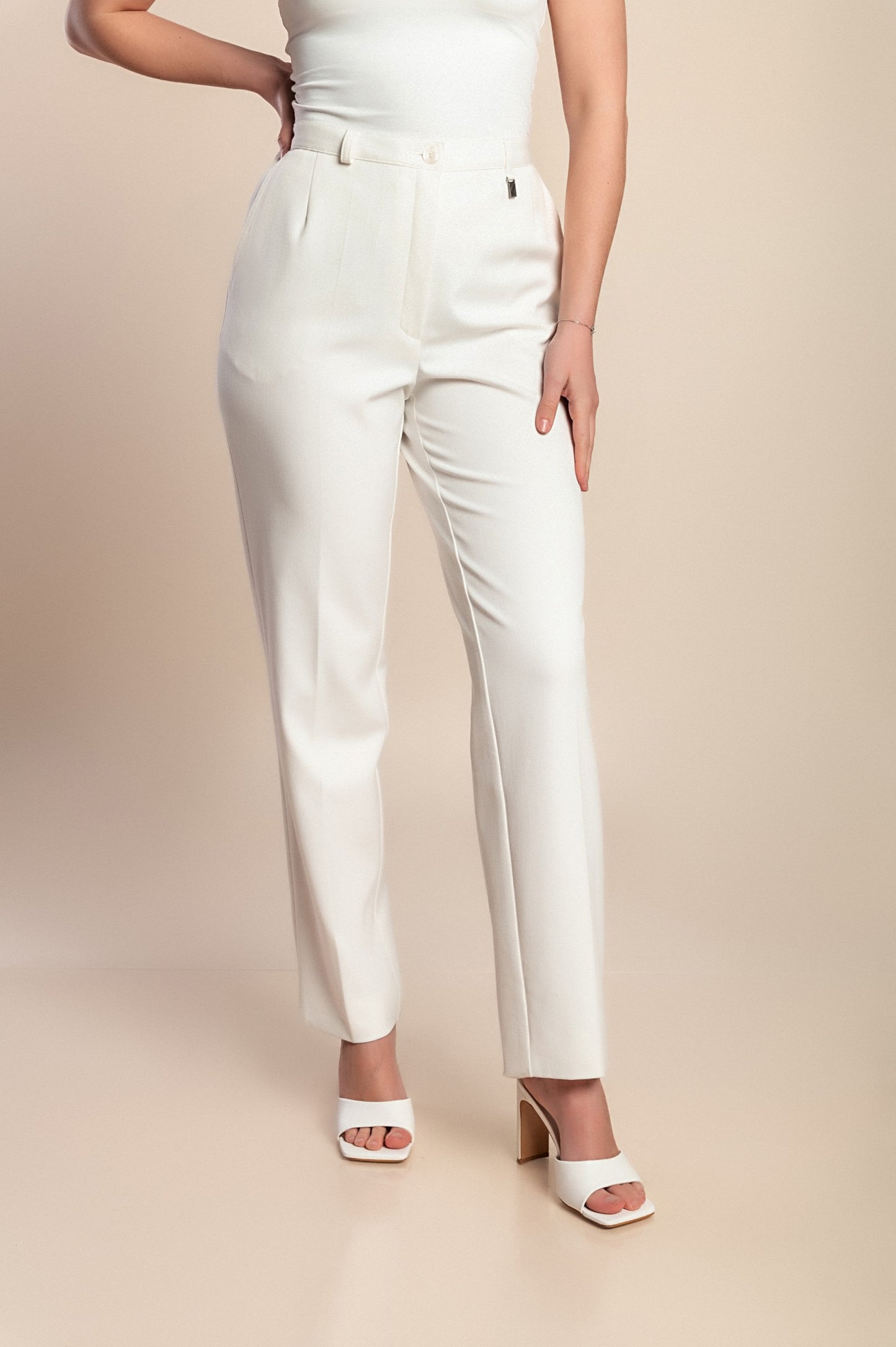 Pantaloni eleganti a vita alta taglie forti, bianchi