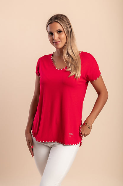 T-shirt in viscosa con scollo a "V", rossa