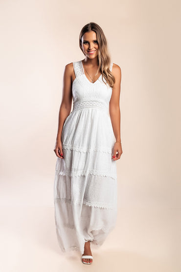 Abito lungo in cotone con pizzo, bianco