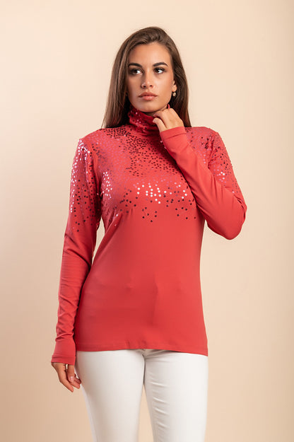 Top con collo alto e paillettes, rosa