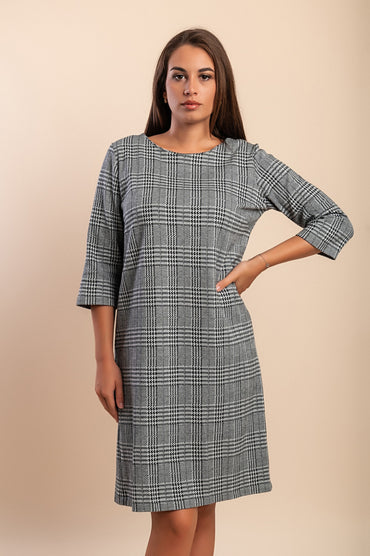 Abito midi con stampa a quadri, grigio