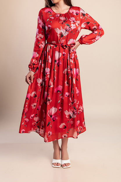 Abito midi con stampa floreale, rosso