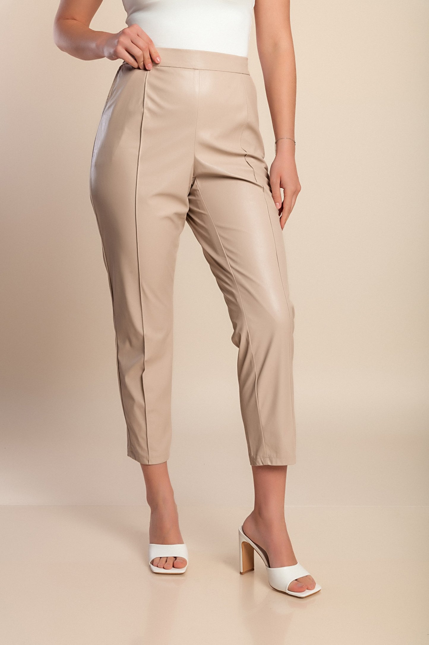 Pantaloni in pelle 7/8 taglie forti, crema