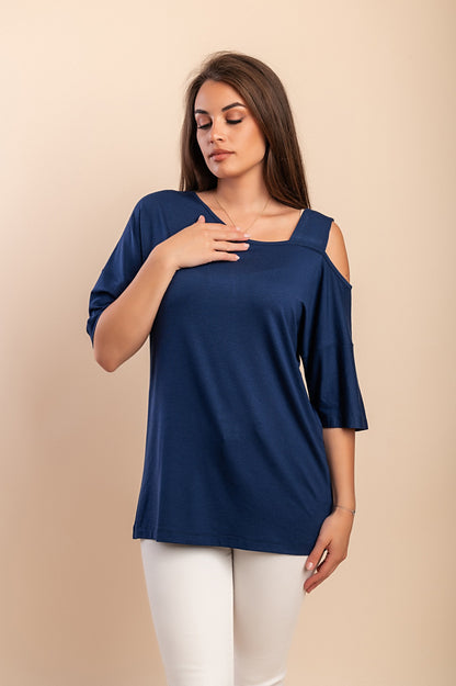 T-shirt con scollo asimmetrico, blu scuro