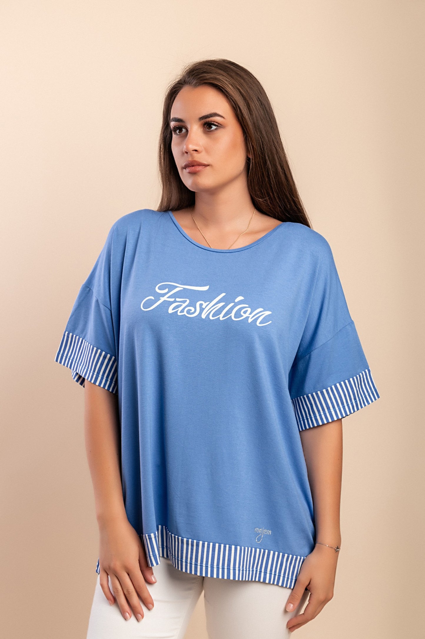 T-shirt con stampa a righe, blu