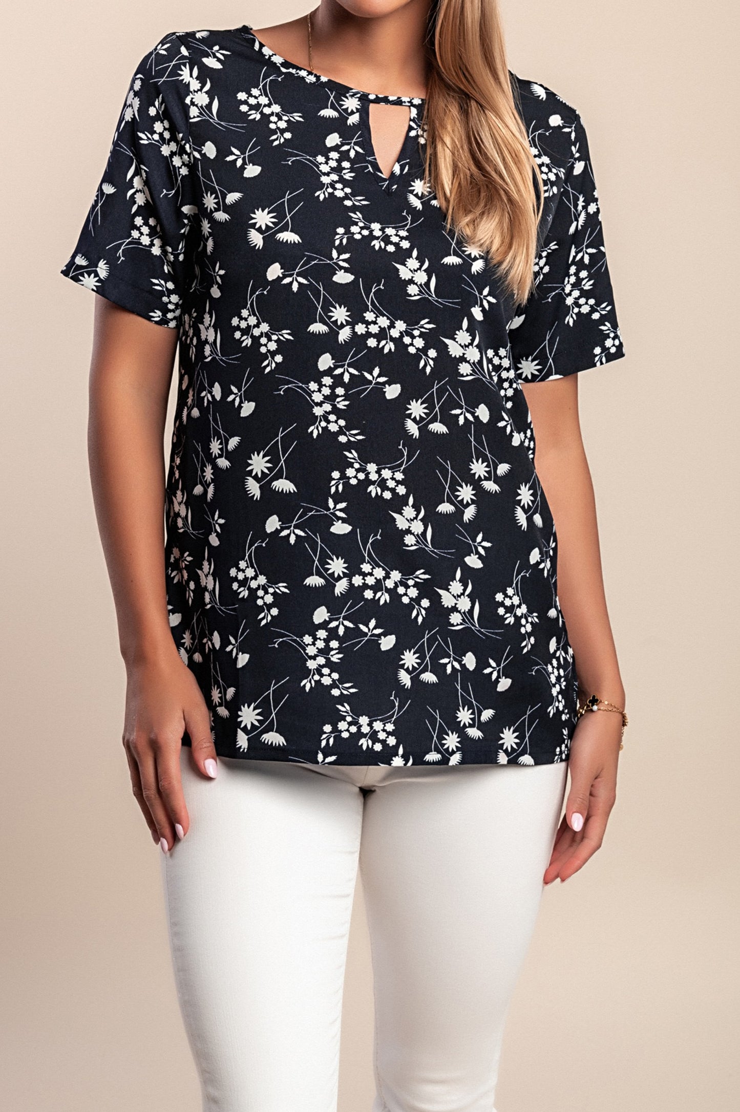 Camicetta con stampa floreale, blu scuro