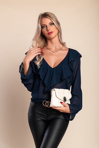 Blusa con balze Marely, blu scuro